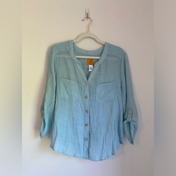 Ruby Rd Petite XL Light Blue Button-Down Blouse W/ Roll-Tab Sleeves - Picture 1 of 8